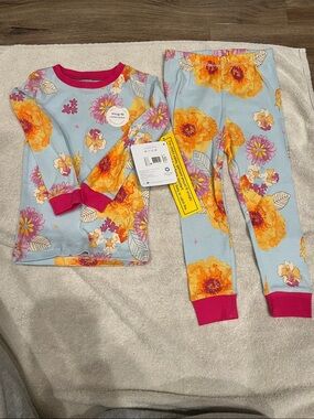 Burt's Bees Light Blue Floral Pajama Set with Orange and Pink Accents